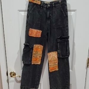 Patchwork Flare Jeans - Black and Orange